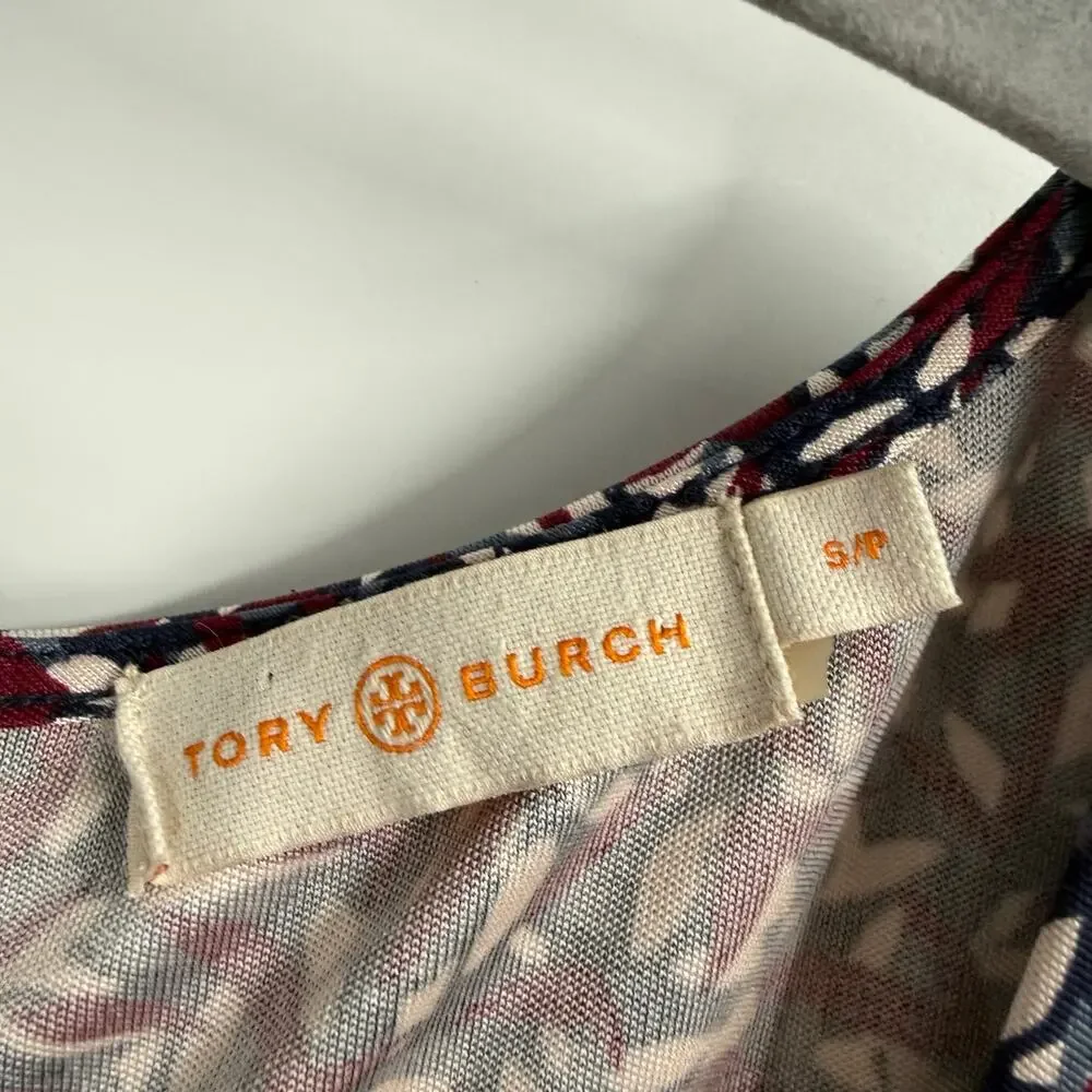 Tory Burch Dress Womens Small Burgundy Confetti Print 100% Silk Ruched